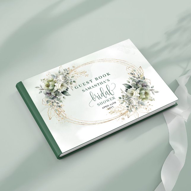 Livro de Visitas de Chá de Noiva Verde e Dourado B (Greenery and Gold Bridal Shower Guest Book Boho)