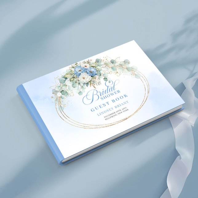 Livro de visitas de convidados para chá de noiva c (Boho dusty blue flowers bridal shower guest book)