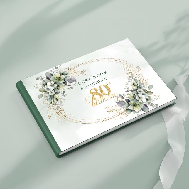 Livro de Visitas de Folhagem Verde Rústica para 80 (Rustic Greenery Foliage 80th Birthday Guest Book)