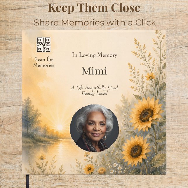 Livro de Visitas de Memória com Foto Personalizada (Custom photo memorial guest book with a personalized QR code for sharing treasured memories online.)