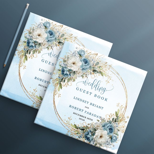 Livro de Visitas de Noiva com Flores Azuis e Doura (Blue Flowers Greenery Gold Wedding Guest Book)