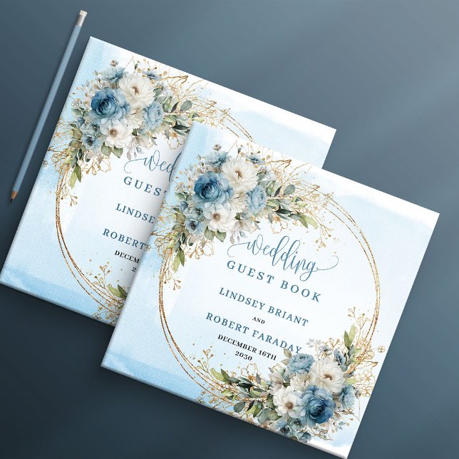 Livro de Visitas de Noiva com Flores Azuis Elegant (Elegant Dusty Blue Flowers Gold Wedding Guest Book)