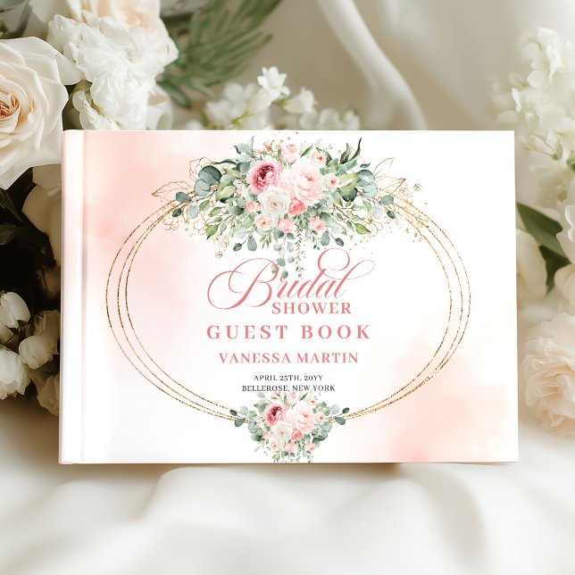 Livro de Visitas de Noiva Rosa Bege Atemporal com  (Timeless Blush Roses Greenery Gold Bridal Guest Book)