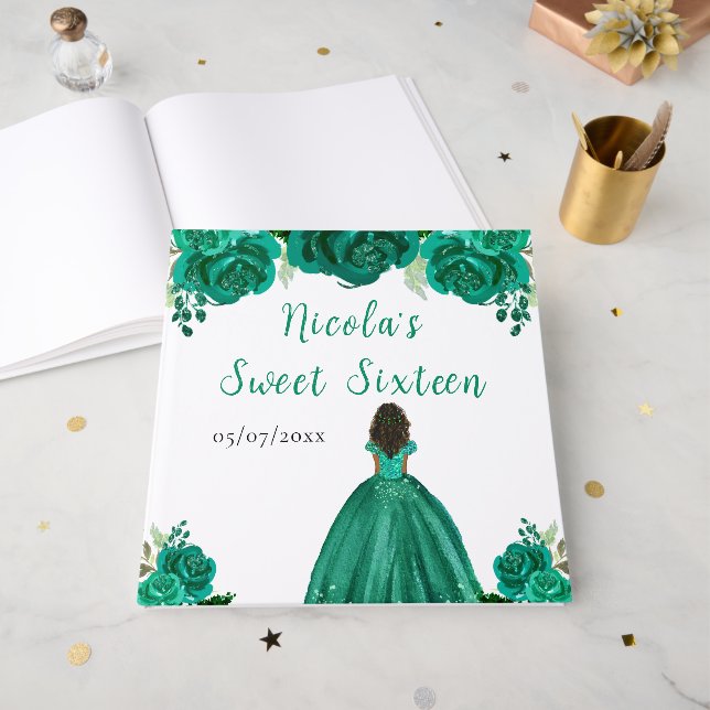 Livro de Visitas de Princesa de Pele Morena Verde  (Frente aberta)