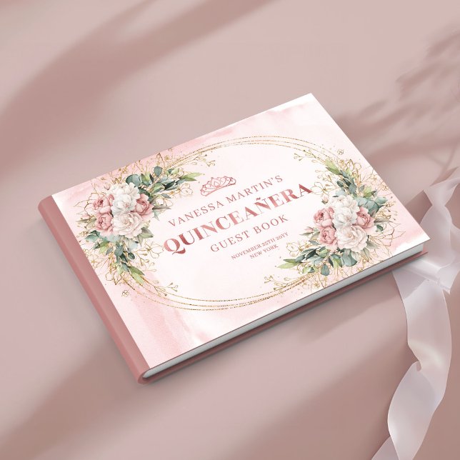 Livro de Visitas de Quince Romântico com Florais R (Romantic Quince Guest Book with Blush Florals and Greenery)