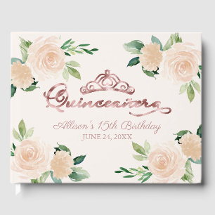 Livro de Visitas de Quinceanera Floral Rosa Bege c