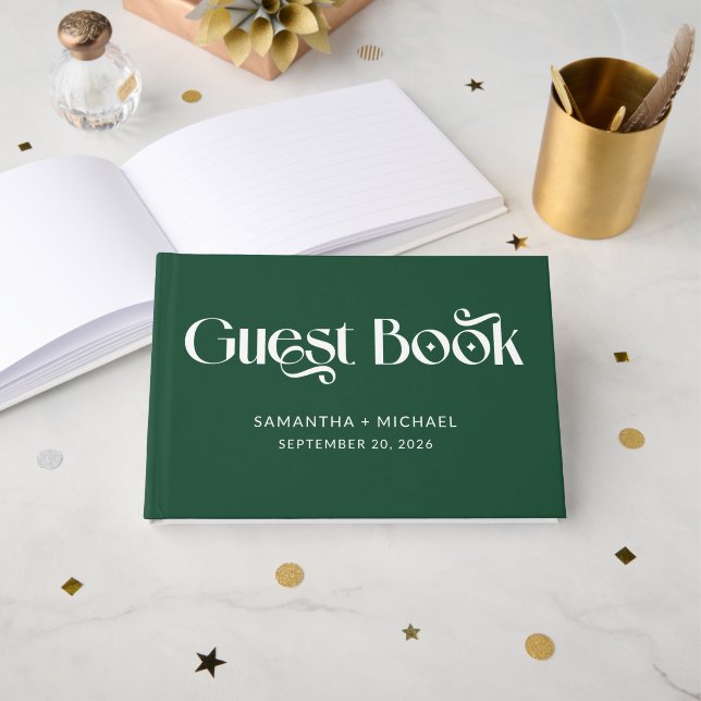 Livro De Visitas Decoração Serif Deep Pine Casamento (Frente aberta)
