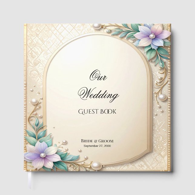 Livro De Visitas Decorative Floral Frame with Pearls Guest Book (Frente)
