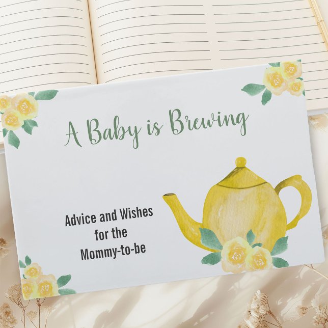 Livro De Visitas Desejos e Chá de fraldas amarelo de bule (Baby is Brewing Baby Shower Guest Book with Yellow Teapot and Flowers)