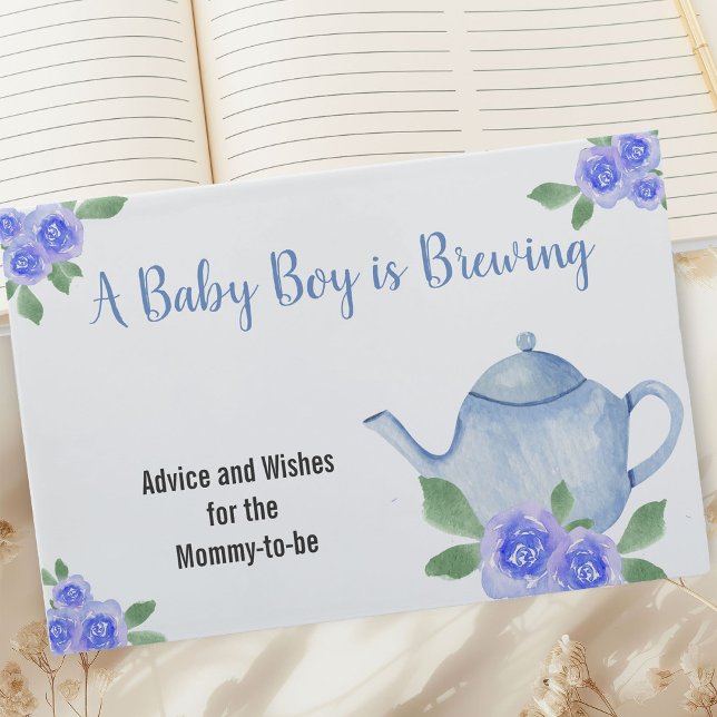 Livro De Visitas Desejos e Chá de fraldas de chá azul (Baby is Brewing Baby Shower Guest Book with Blue Teapot and Flowers)