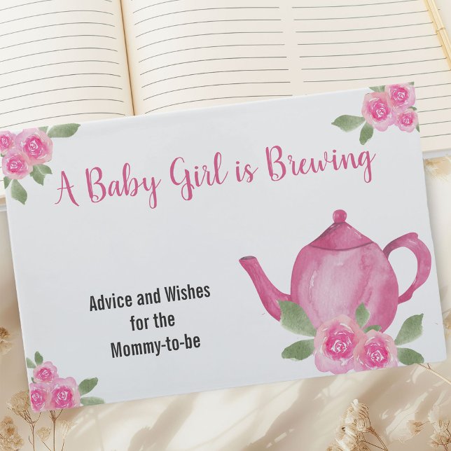 Livro De Visitas Desejos e conselhos Chá de fraldas de bule rosa (Baby is Brewing Baby Shower Guest Book with Pink Teapot and Flowers)