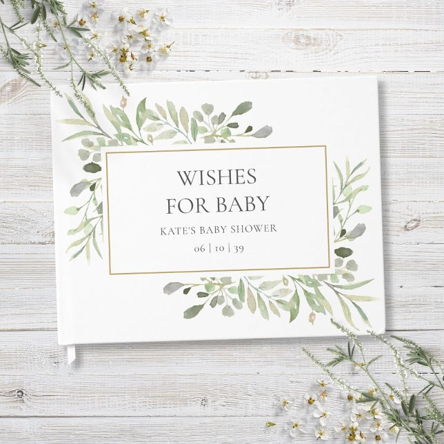 Livro De Visitas Desejos para Chá Dourado Verde de Bebê (Wishes for Baby Watercolour Greenery Gold Shower Guest Book)