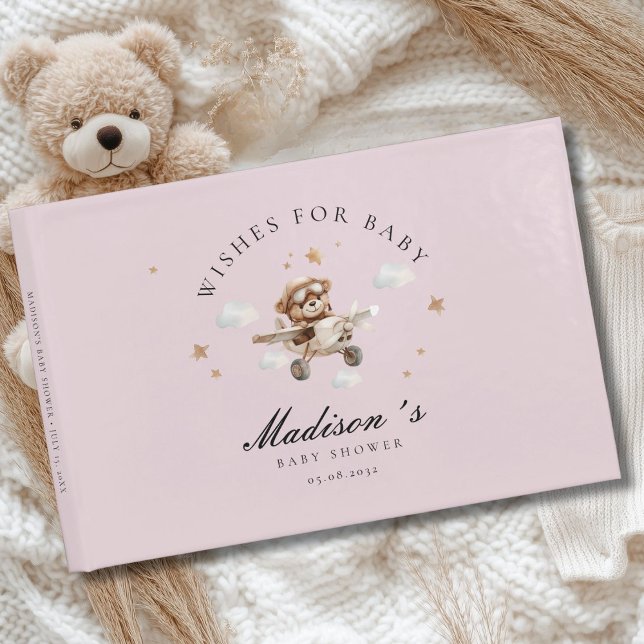 Livro De Visitas Desejos por Bebê! Urso de Teddy e Avião (Personalized "Wishes for Baby!" Baby Shower, Soft-Pink Guest Book. For Baby Girl.)