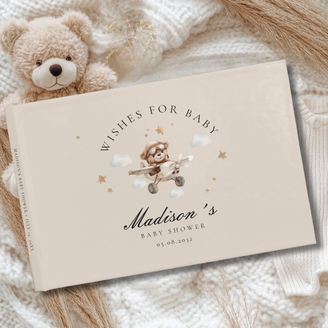 Livro De Visitas Desejos por Bebê! Urso de Teddy e Avião (Personalized "Wishes for Baby!" Baby Shower, Beige Guest Book. For Baby Boy and Girl.)