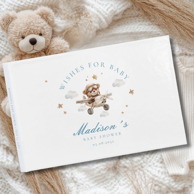 Livro De Visitas Desejos por Bebê! Urso de Teddy e Avião (Personalized "Wishes for Baby!" Baby Shower, White Guest Book. For Baby Boy.)