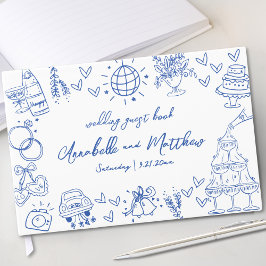 Livro De Visitas Desenho à Mão Azul Caprichoso Casamento