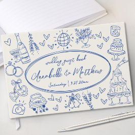 Livro De Visitas Desenho à Mão Vintage Azul Caprichoso Casamento