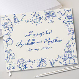 Livro De Visitas Desenho à Mão Vintage Azul Caprichoso Casamento