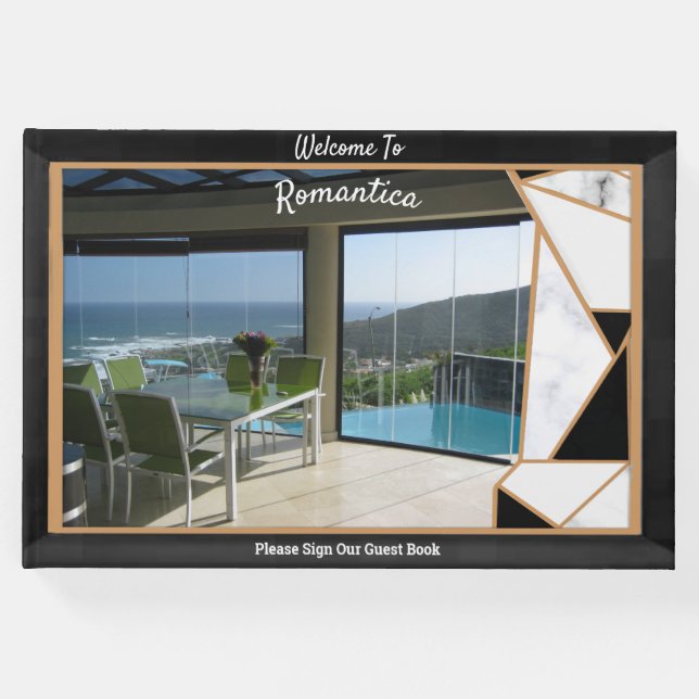 Livro De Visitas Deslocamento de mármore branco com abstrato preto  (Frente)