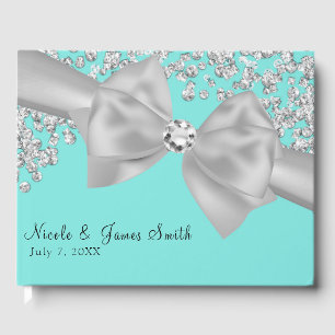 Livro De Visitas Diamantes Azul Grande Laço Branco Chic Casamento