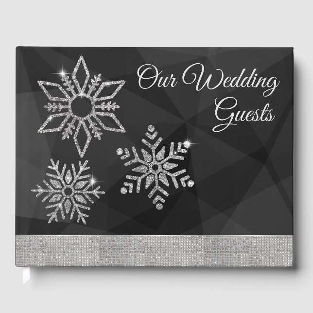 Livro De Visitas Diamond Snowflakes on Black Wedding Guest Book (Frente)