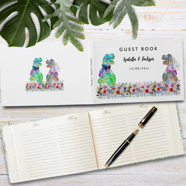 Livro De Visitas Dinossaur Themed Wedding (Dinosaur themed wedding custom guest book with fun T-Rex bride and groom with colorful wildflowers)