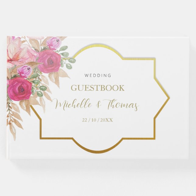 Livro De Visitas Disposição Floral de Aquarela Rosa Elegante (Frente)