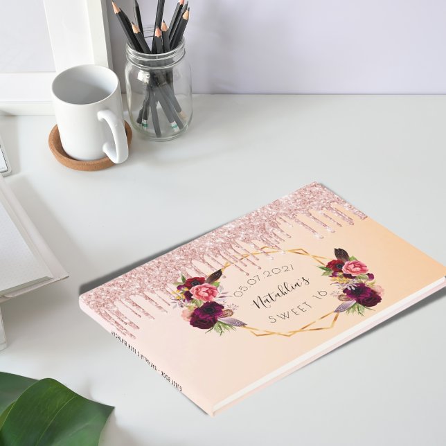 Livro De Visitas Doce 16 anos, rosa dourado, gota geométrica de bri (Criador carregado)