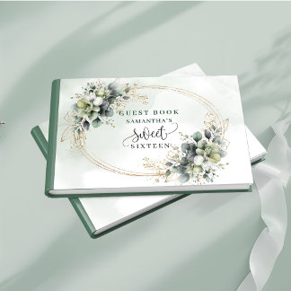 Livro De Visitas Doce 16 boêmio aquarela verde-escuro folhagem 