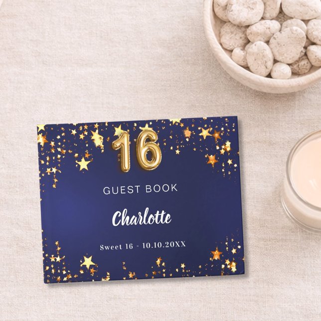 Livro De Visitas Doce 16 estrelas de ouro azul marinho (Criador carregado)