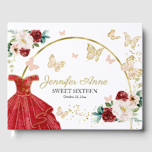 Livro De Visitas Doce 16 Flores De Borboleta Vestido Vermelho