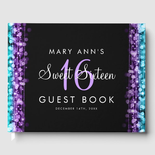 Livro De Visitas Doce 16 Guestbook Party Purple & Turquoise Lights (Frente)