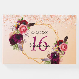 Livro De Visitas Doce 16 rosa de ouro floral geométrico Burgundy