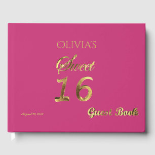 Livro De Visitas Doce 16 rosa e Dourada tipografia elegante