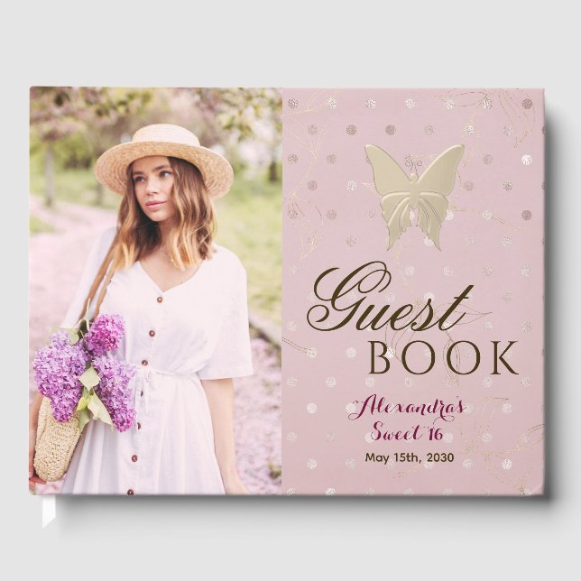 Livro De Visitas Doce Borboleta de Ouro Rosa 16 (Frente)