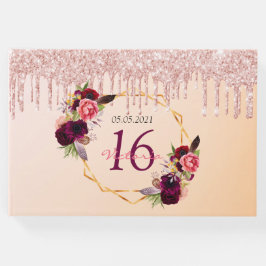 Livro De Visitas Doce rosa de 16 anos florais geométricos de brilho