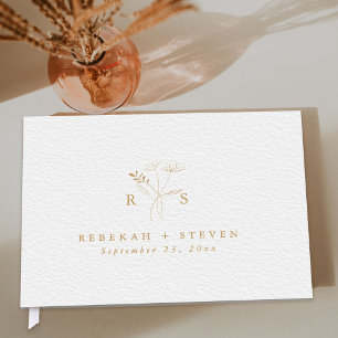 Livro De Visitas Dourada Aquarela Simples   Botanica Monograma Wedd