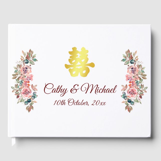 Livro De Visitas Dourado casamento chinês dupla felicidade floral (Frente)