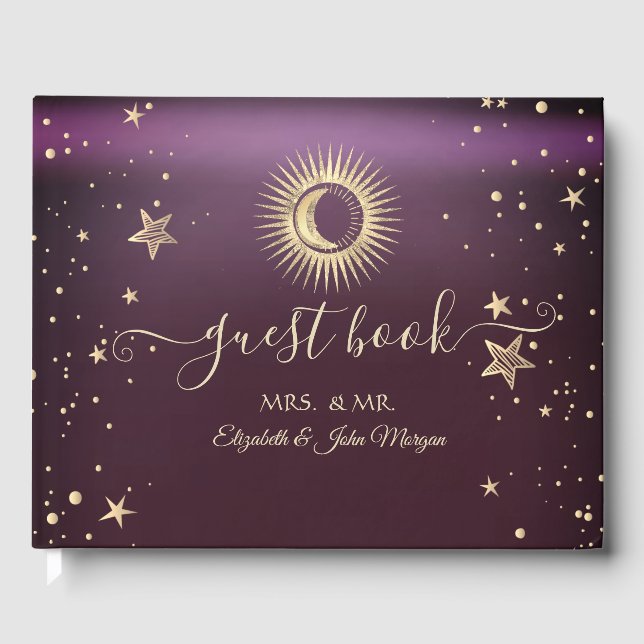 Livro De Visitas Dourado Celestial Sol E Lua Estrelas Borgonha (Frente)