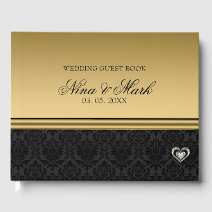 Livro De Visitas Dourado Coração de Prata Negro Damasco