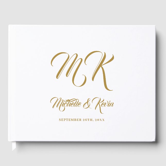 Livro De Visitas Dourado Script e Branco Elegante de Casamento (Frente)