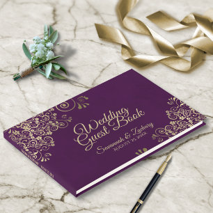 Livro De Visitas Dourados Amigos no Casamento Elegante Roxo de Plum