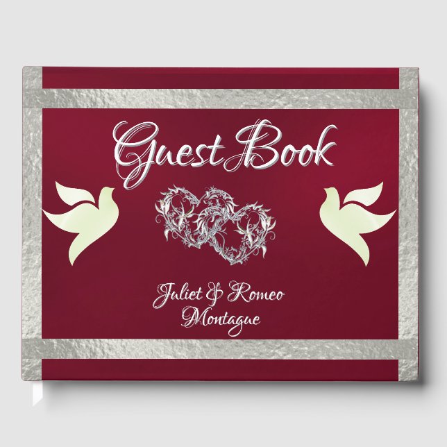 Livro De Visitas Dovas, Corações e Fita - Borgonha/Prata (Frente)