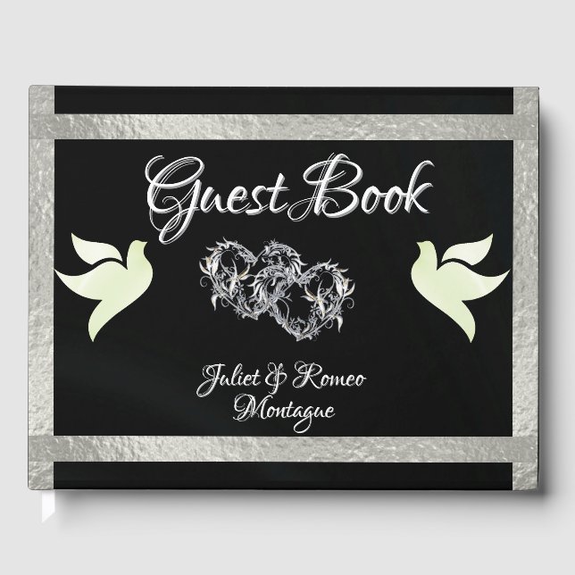 Livro De Visitas Dovs, Corações e Fita - Preto/Prateado (Frente)