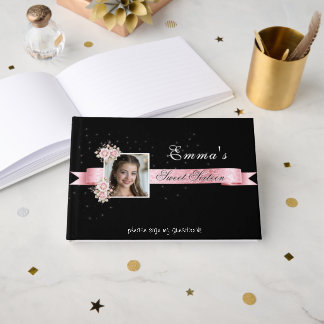 Livro De Visitas Doze Rosas Pink Satinadas com Fita de Seda
