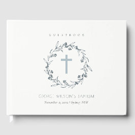 Livro De Visitas Dusky Blue Floral Laurel Wreath Monograma Baptism