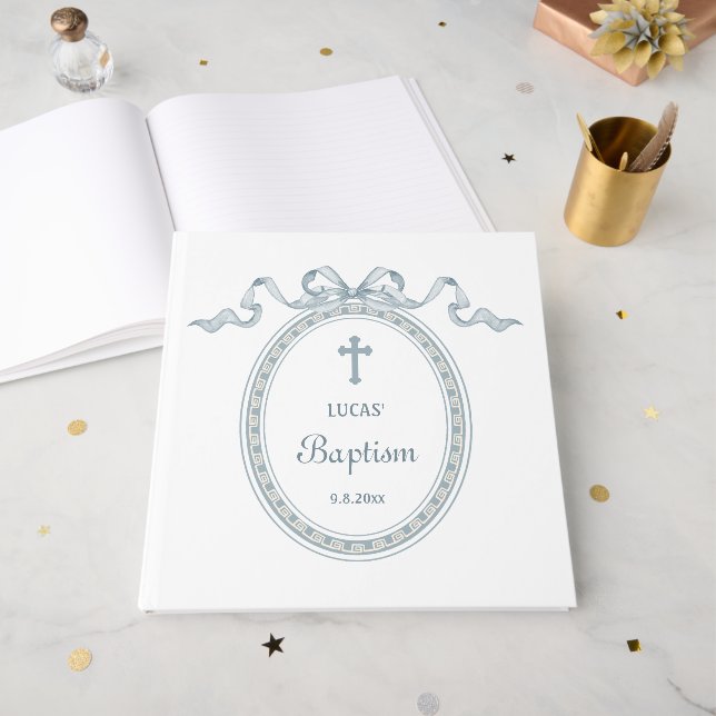 Livro De Visitas Dusty Blue Arco Frame Grego Baptismo (Frente aberta)