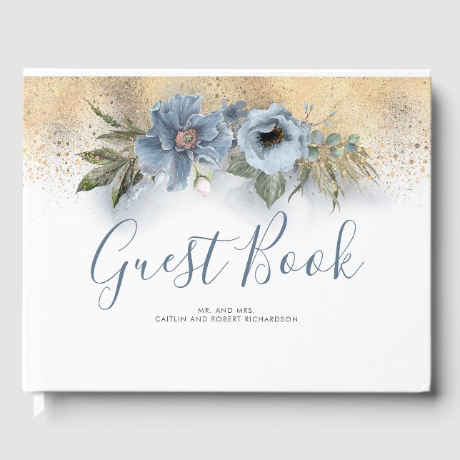 Livro De Visitas Dusty Blue e Dourado Casamento com Luminhas (Frente)
