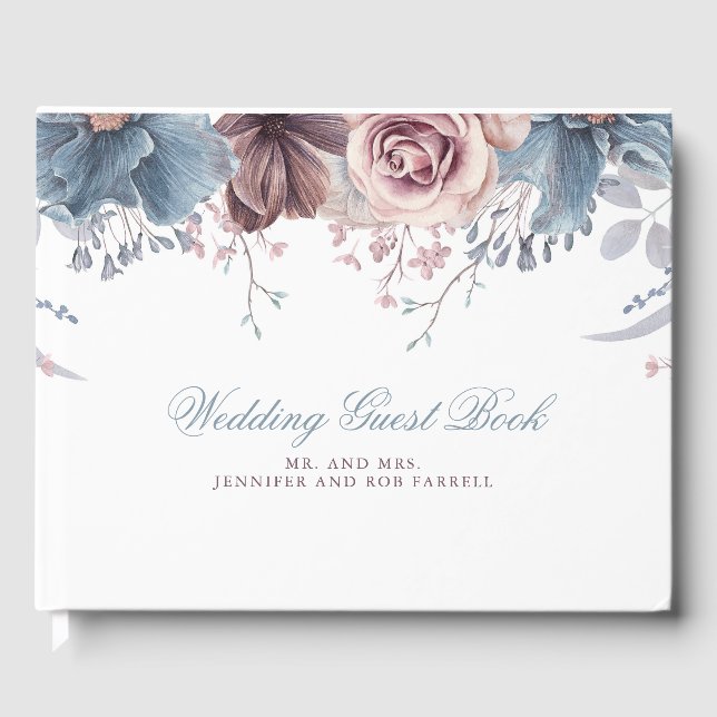 Livro De Visitas Dusty Blue e Mauve Floral Wedding (Frente)