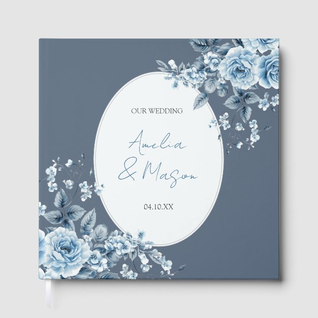 Livro De Visitas Dusty Blue Floral Script Elegant Wedding  (Frente)